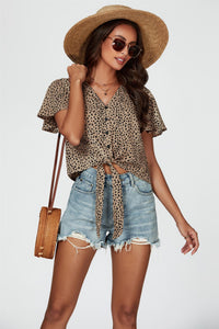 Leopard Print Tie Knot Front Buttoned Crop Top In Beige