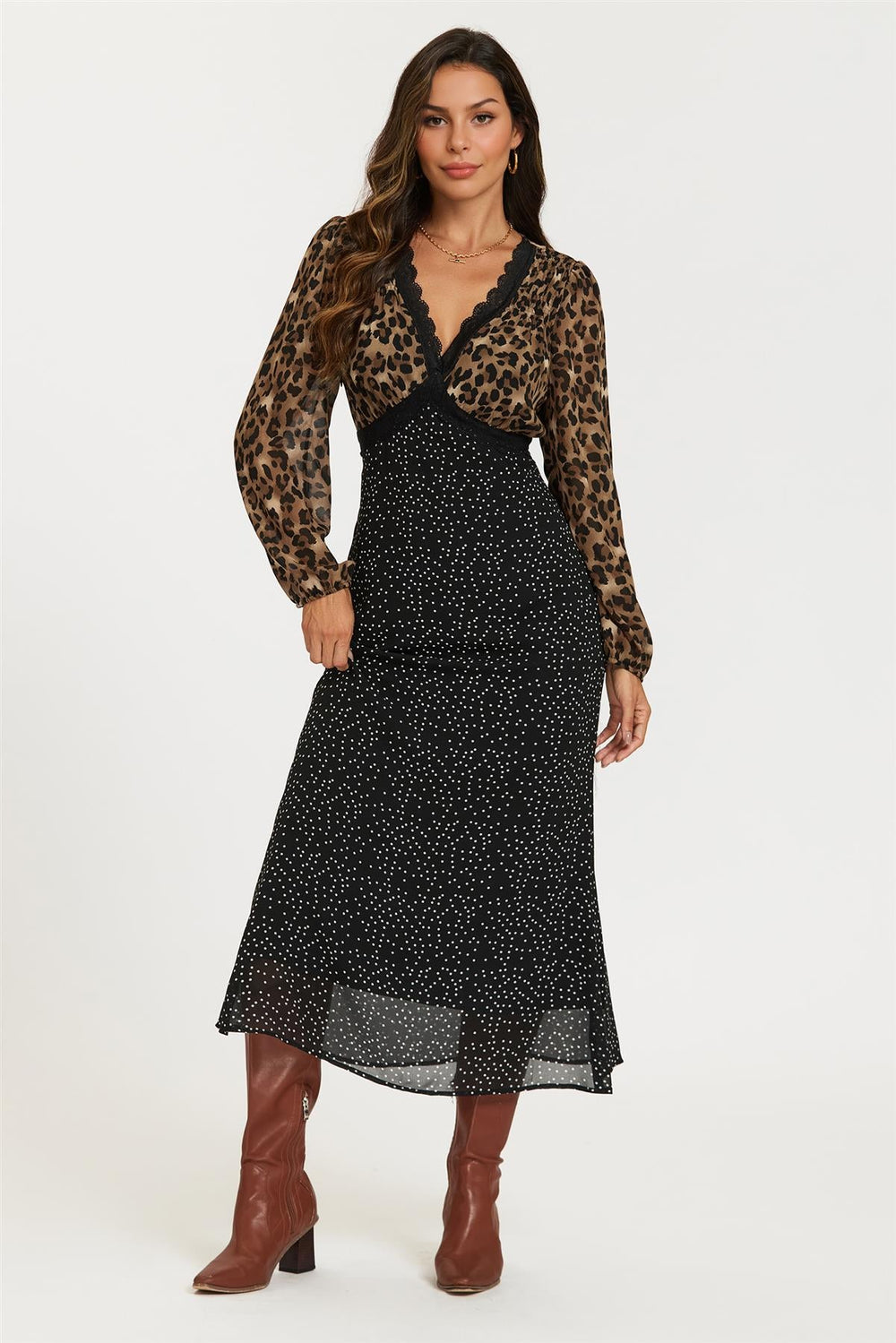 Black Dot & Brown Leopard Print Long Sleeve Maxi Dress