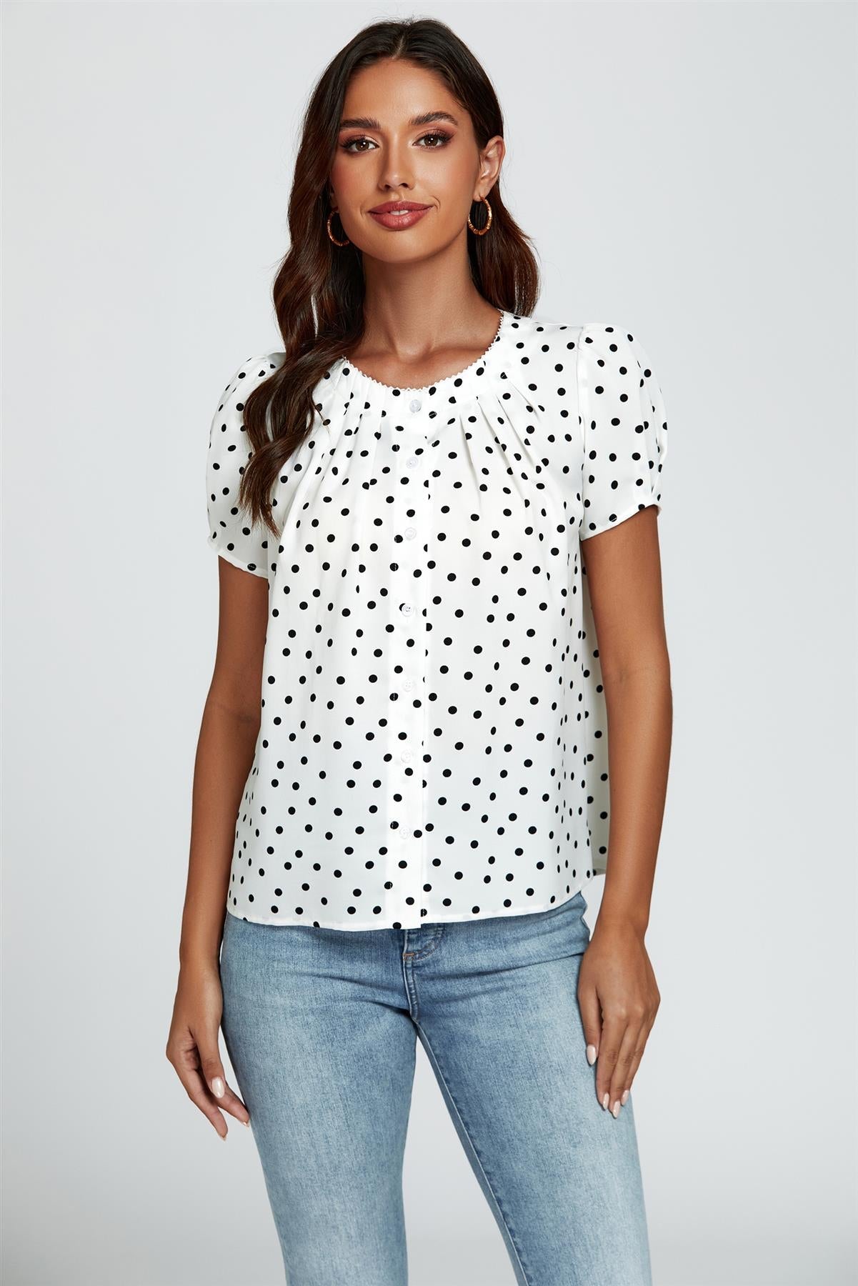 Dot Print Short Sleeves Top In White