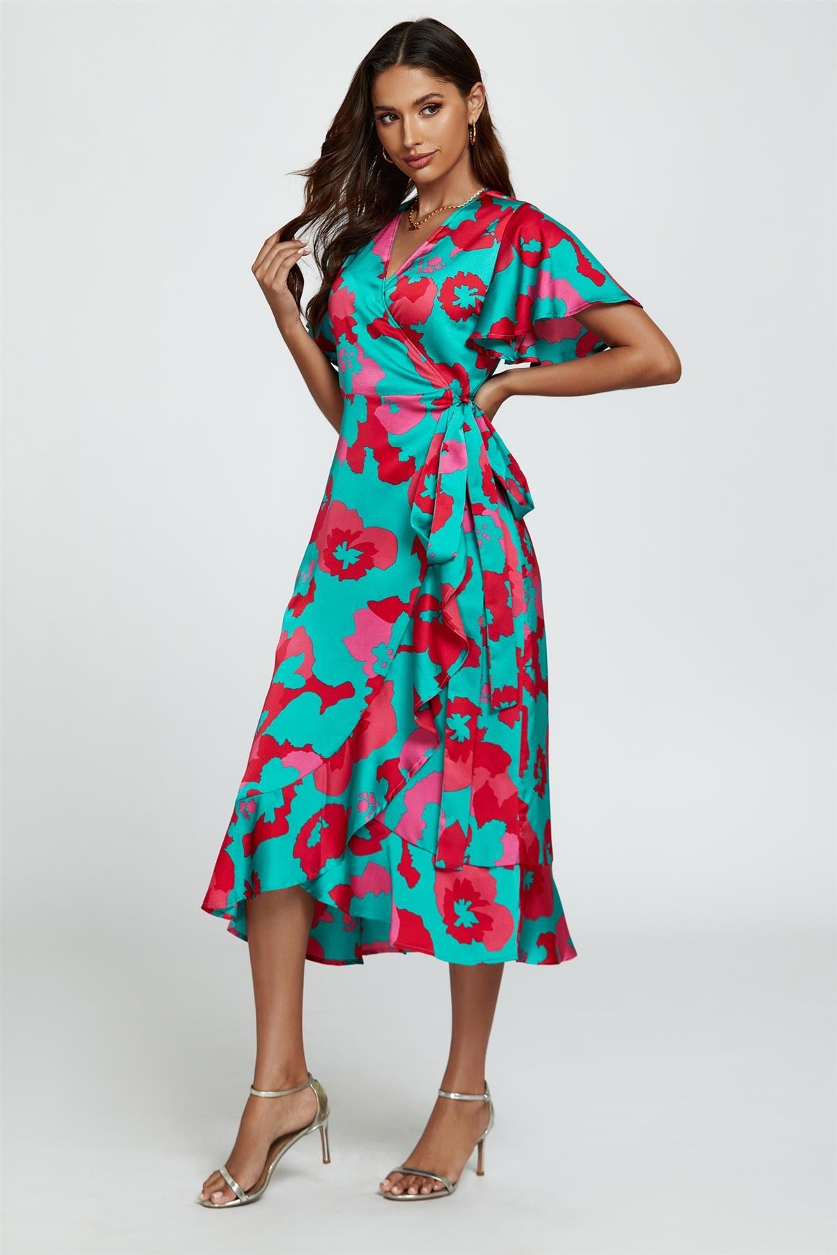 Leopard Print Angel Sleeve Wrap Midi Blue Pink