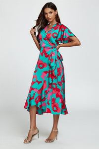 Leopard Print Angel Sleeve Wrap Midi Blue Pink