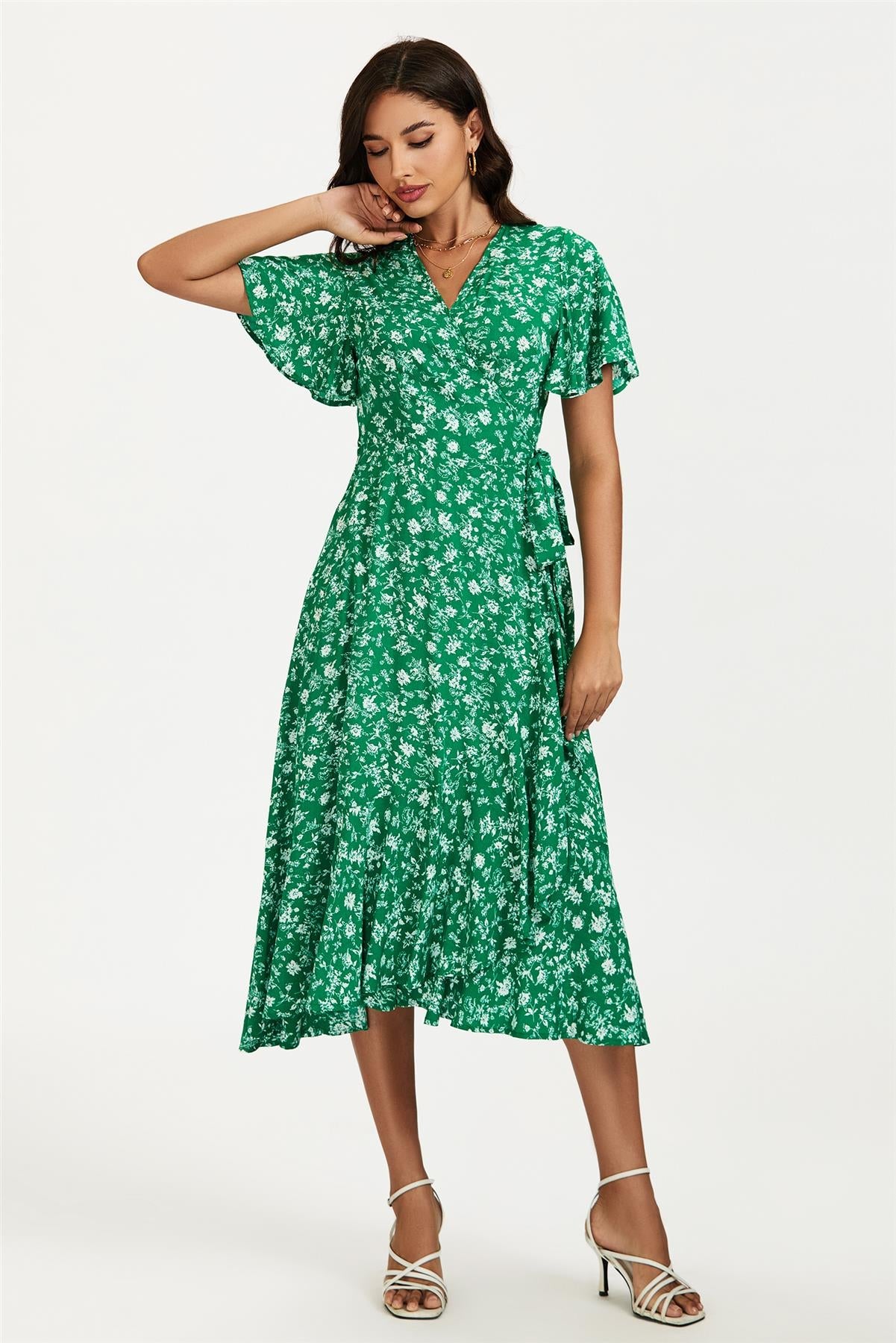 Floral Print Midi Wrap Dress In Green