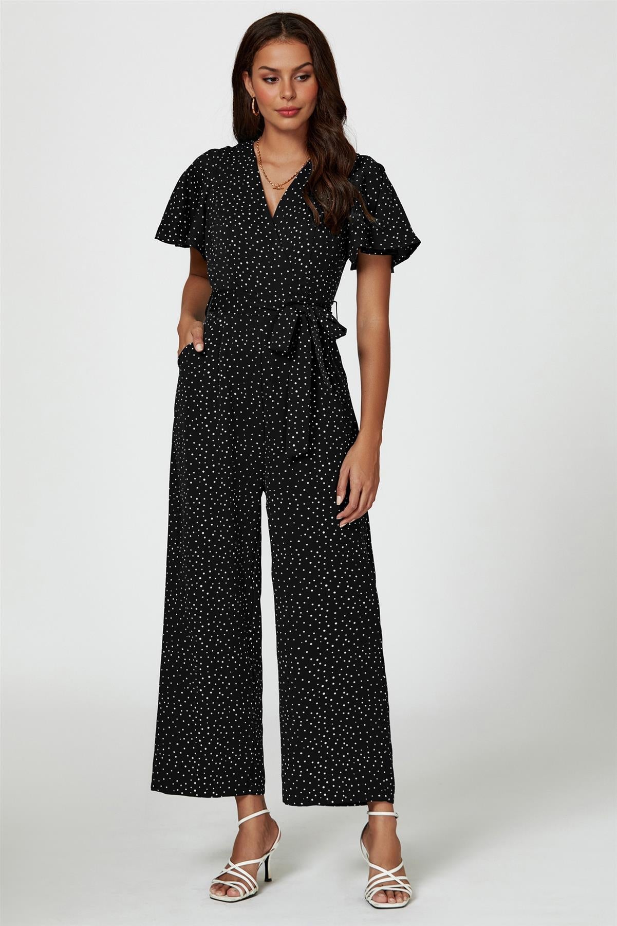 Dot Print Wrap Top Jumpsuit In Black