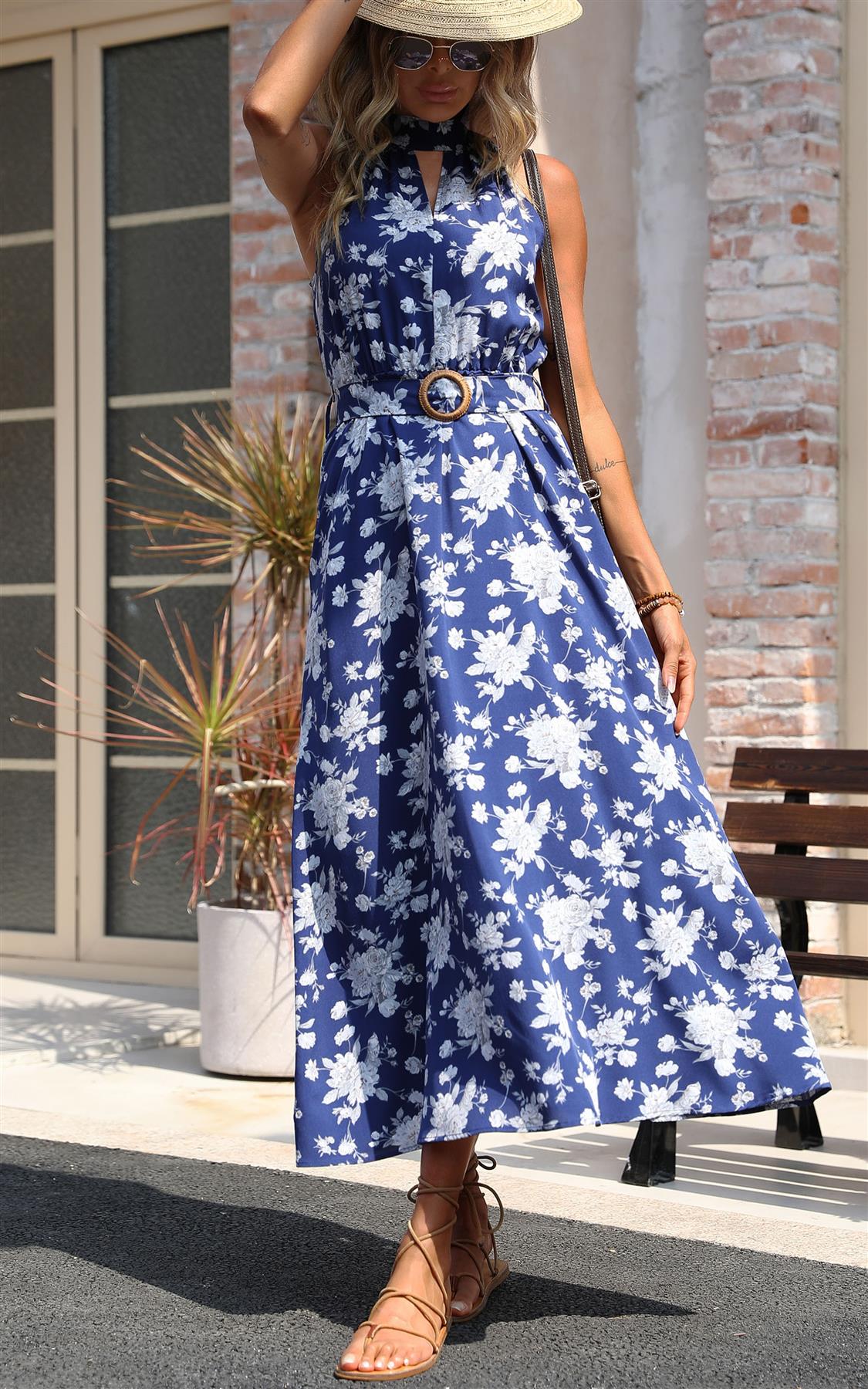 Belt Halter Neck Maxi Dress In Blue Floral Print