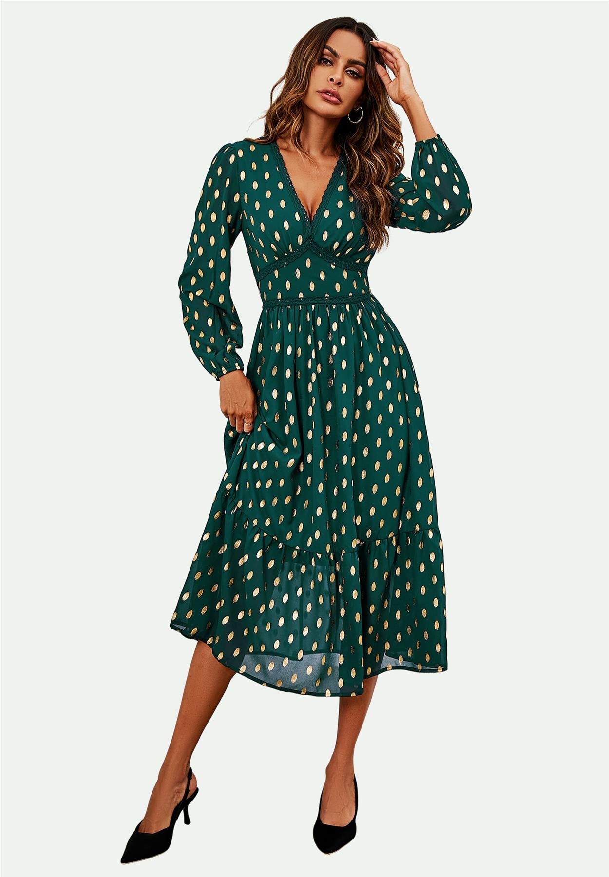Lace Trim Foil Long Sleeve Maxi Dress In Green