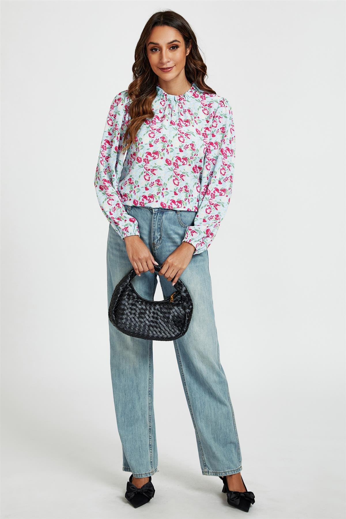Floral Print Frill Detail High Neck Top In Blue & Pink