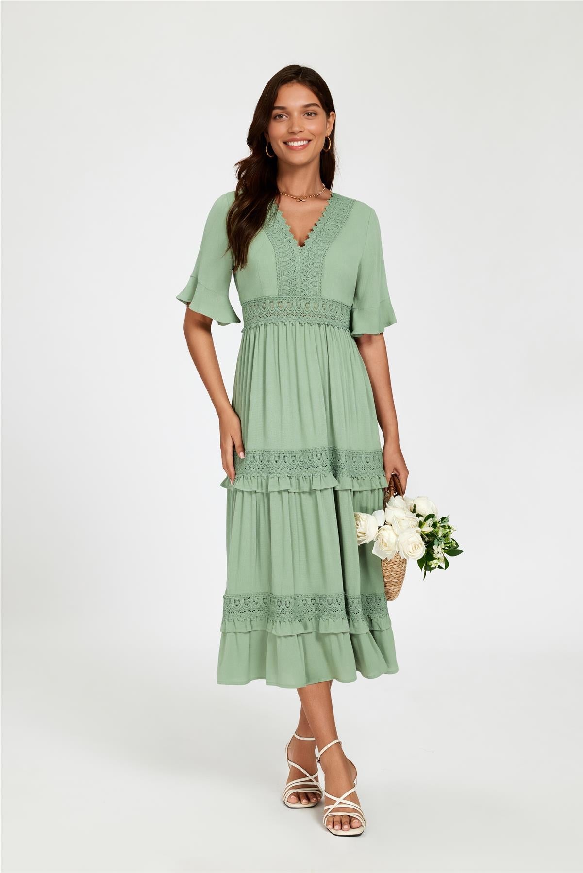 V Neck Lace Detail Midi Dress In Green