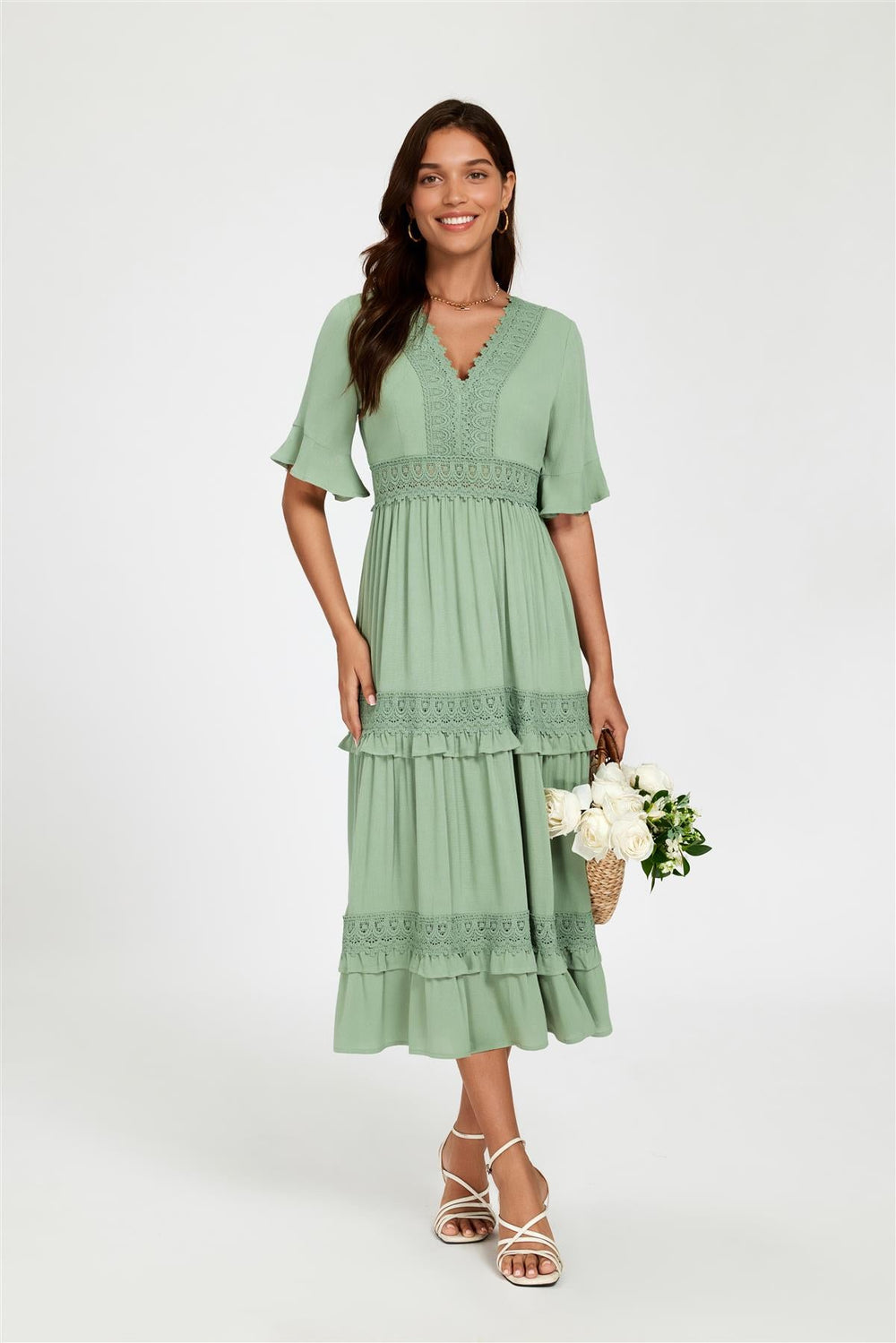 V Neck Lace Detail Midi Dress In Green