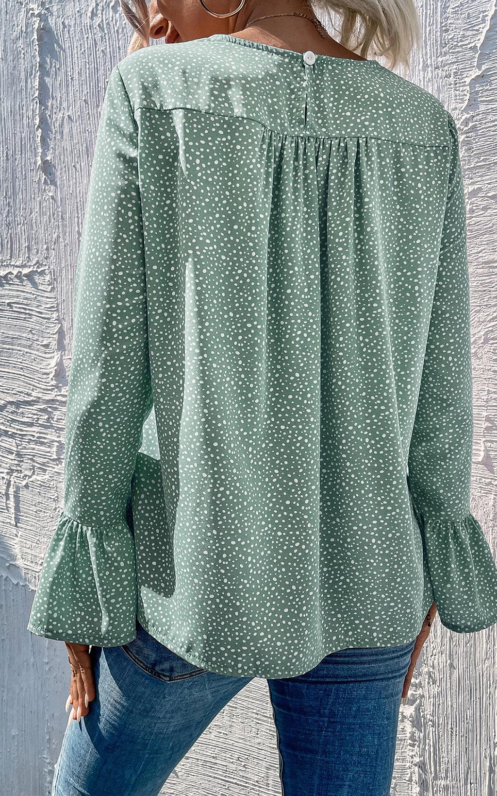 Polka Dot Frill Detail Cuff Top In Green