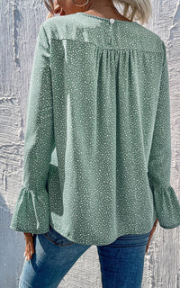 Polka Dot Frill Detail Cuff Top In Green