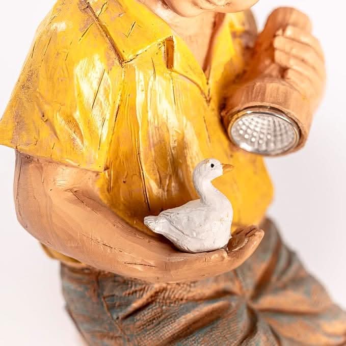 Solar Boy Garden Ornament LED Light Up Flashlight Duck Outdoor Stone Effect