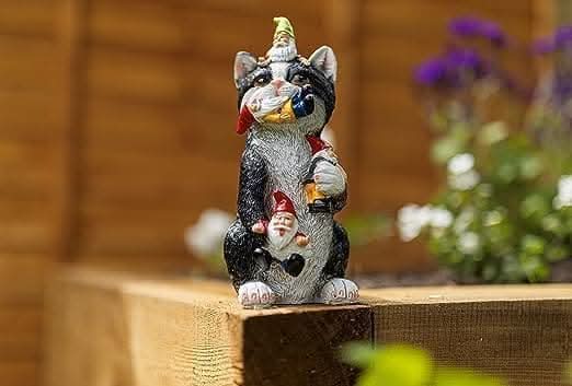 Resin Gnome Eating Colourful Cat Ornament