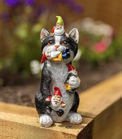 Resin Gnome Eating Colourful Cat Ornament