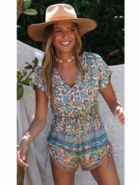 Playsuit With Drawstring Detail In Blue Mixed Print