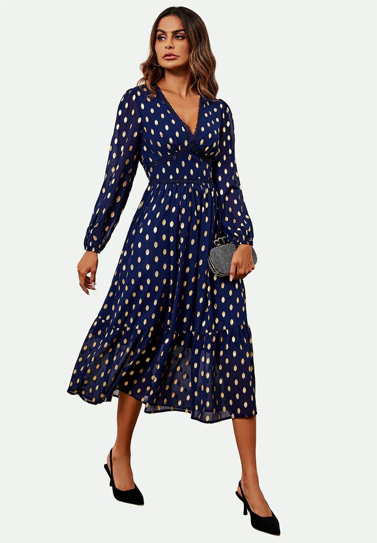 Lace Trim Foil Long Sleeve Maxi Dress In Navy
