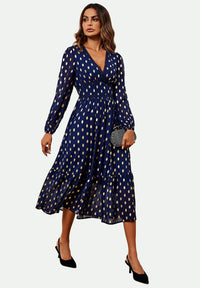 Lace Trim Foil Long Sleeve Maxi Dress In Navy