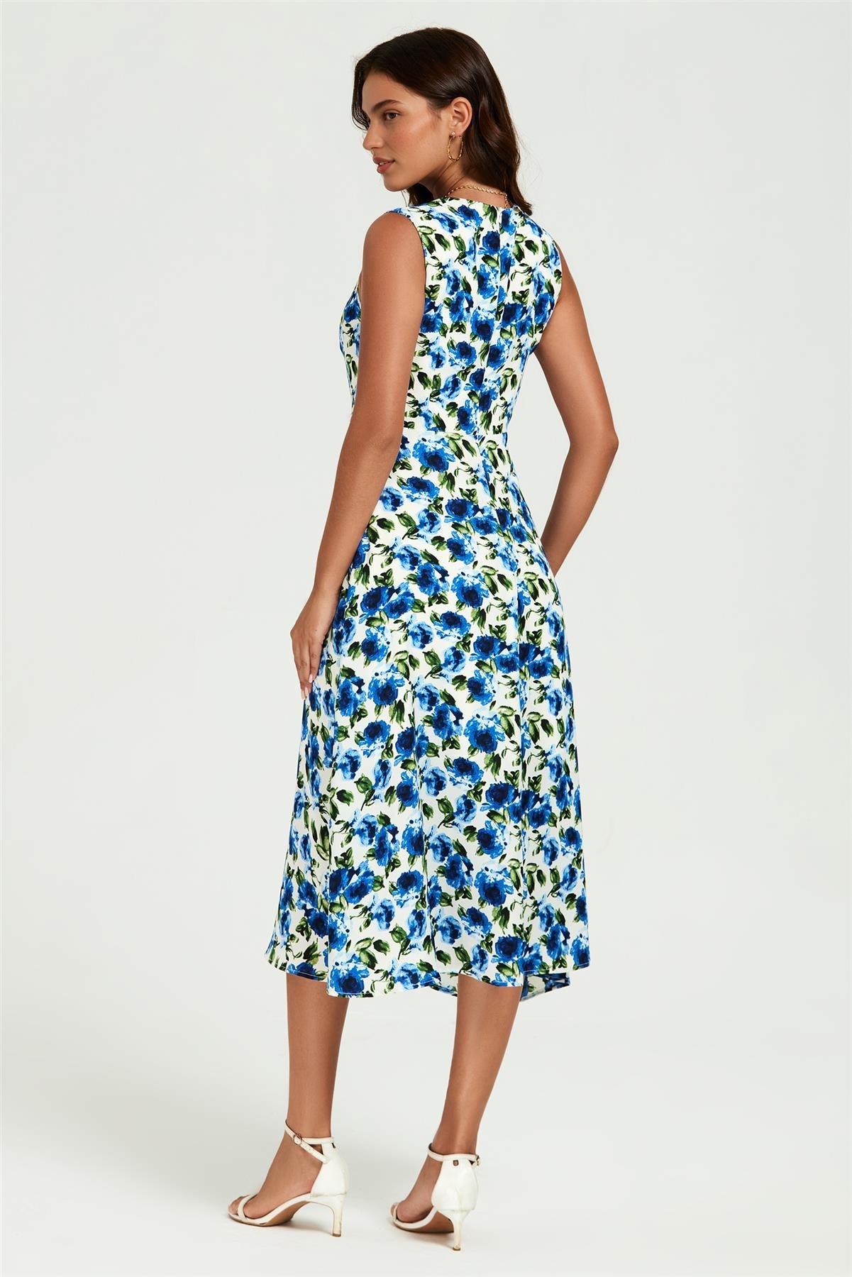 Blue Floral Print Heart Neck Midi Dress