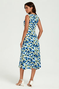 Blue Floral Print Heart Neck Midi Dress