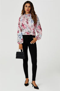 Floral Print Long Sleeve Frill High Neck Top In Pink