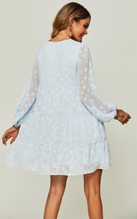 V Neck Long Balloon Sleeve Tiered Dress In Blue & Star Patten