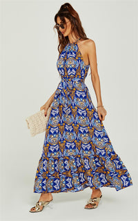 Rose Flora Print Halterneck Tiered Maxi Dress In Royal Blue