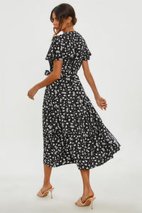 White Floral Print Hem Tiered Wrap Midi Dress In Black