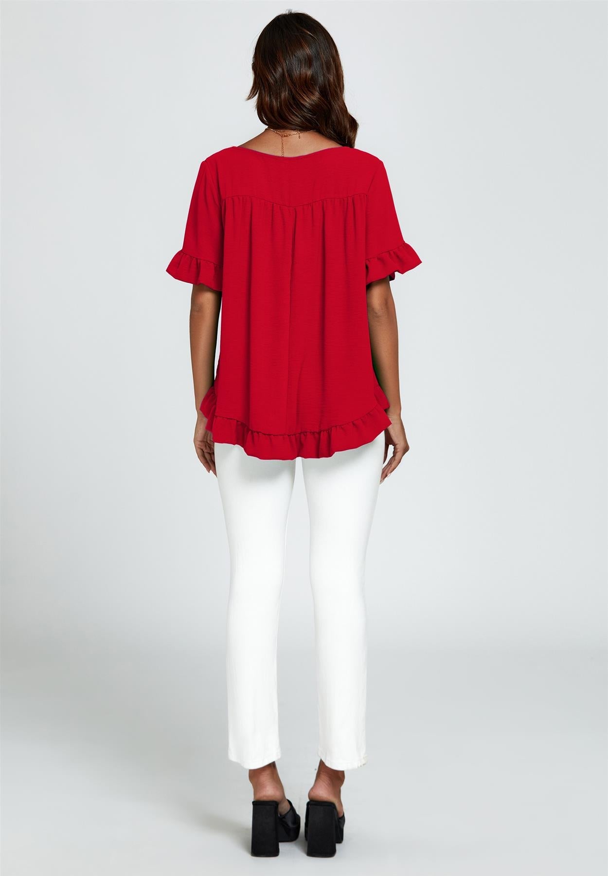 Frill Detail Short Sleeves Top In Red