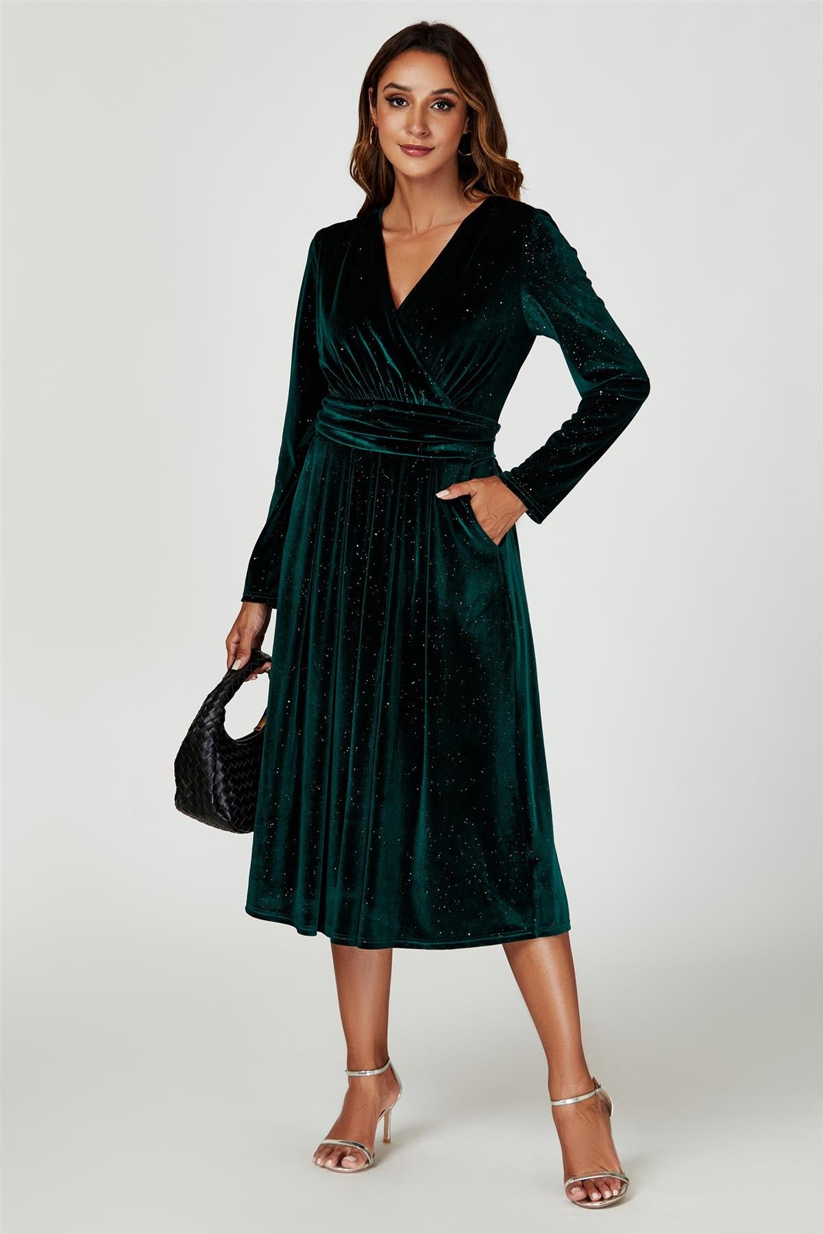 Silver Sparkly Velvet Wrap Top Midi Dress In Green