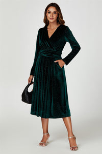 Silver Sparkly Velvet Wrap Top Midi Dress In Green