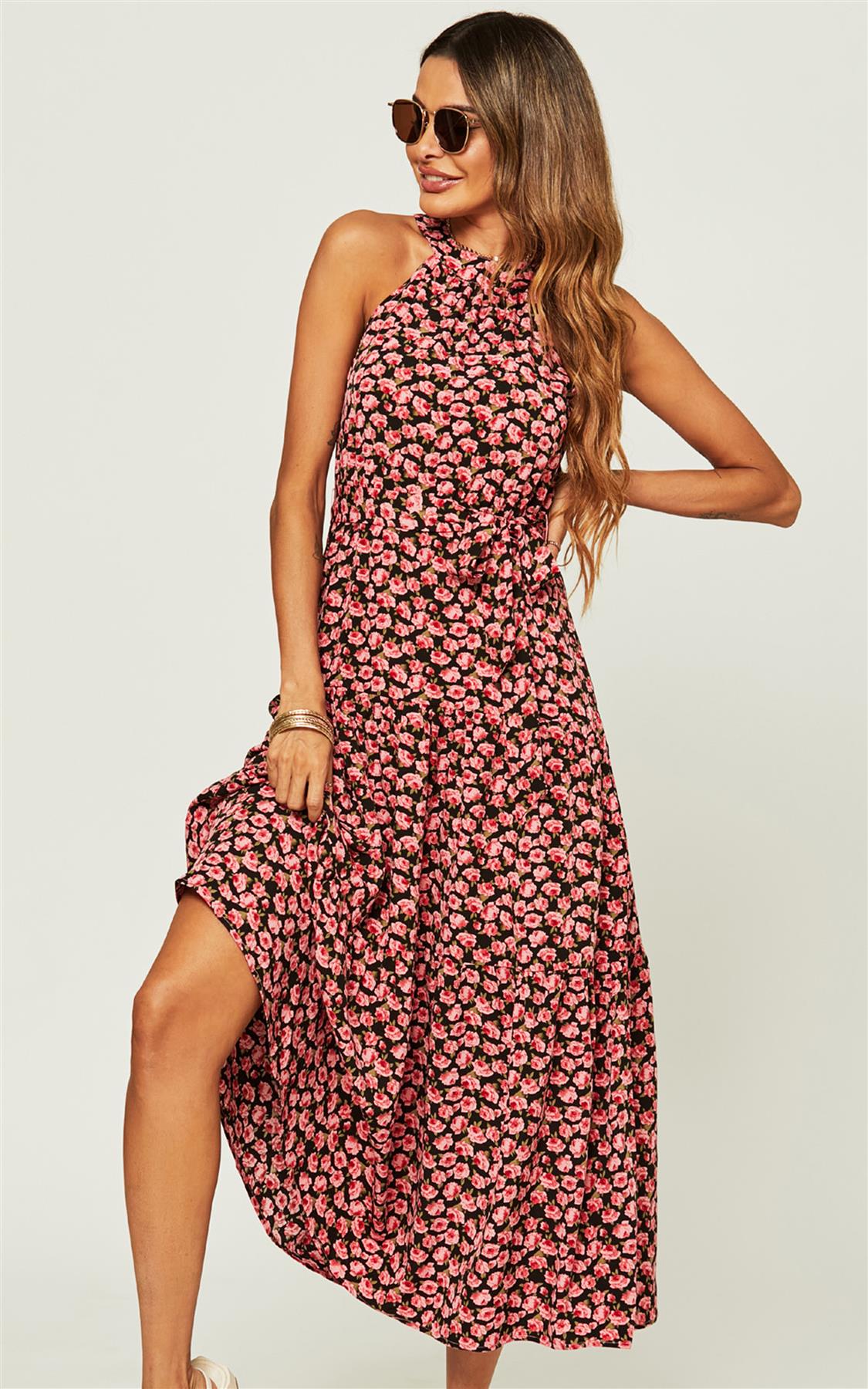 Halter Neck Maxi Layer Dress In Pink Floral Print
