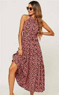Halter Neck Maxi Layer Dress In Pink Floral Print