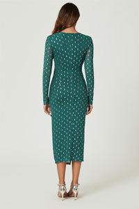 Foil Mesh Long Sleeve Midi Dress In Green