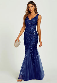Sequin Leaf Detailed V Neck Bridesmaid Maxi Dress In Navy