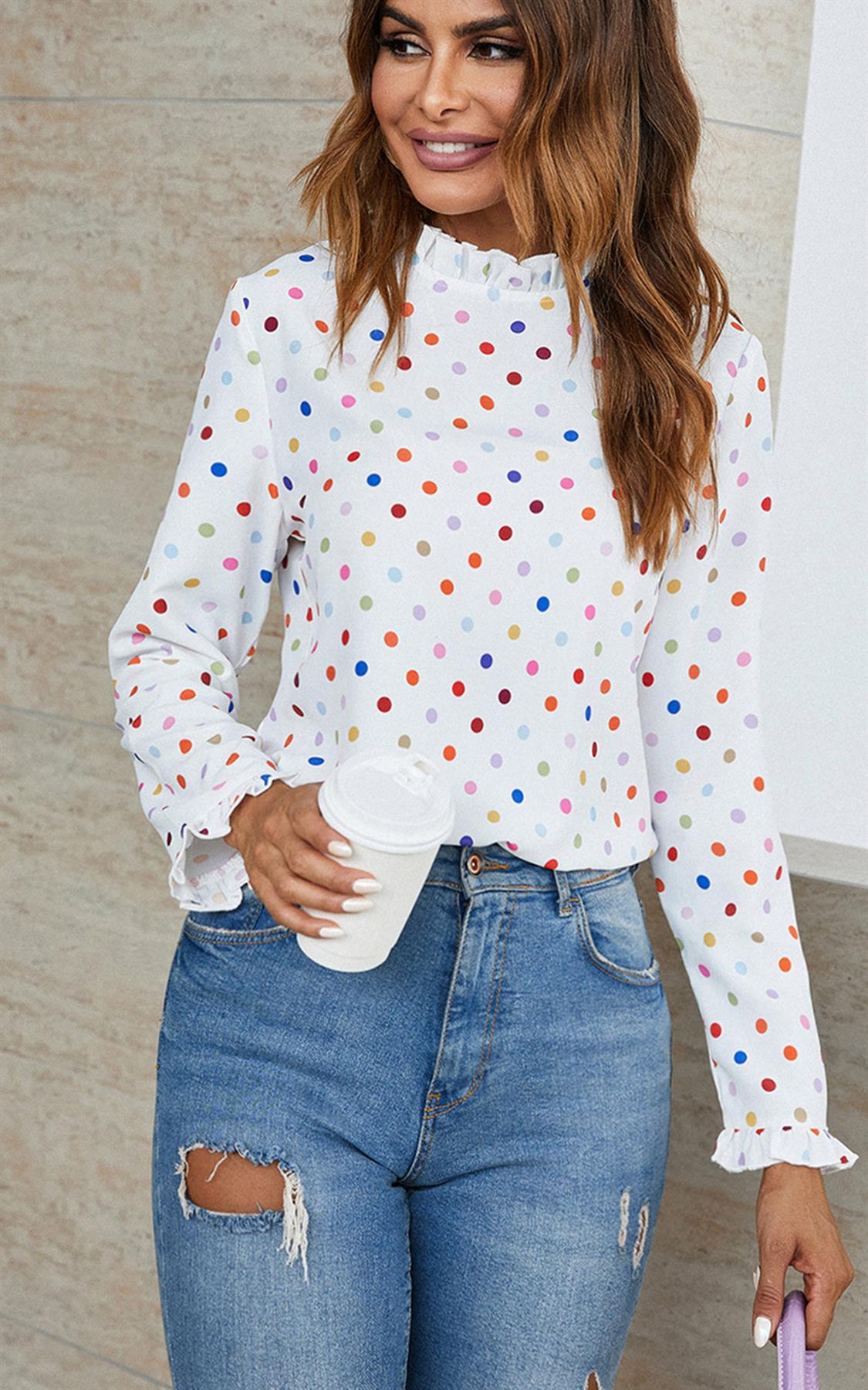 Polka Dot Print Frill Detail High Neck Top In White