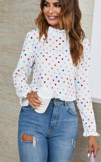 Polka Dot Print Frill Detail High Neck Top In White