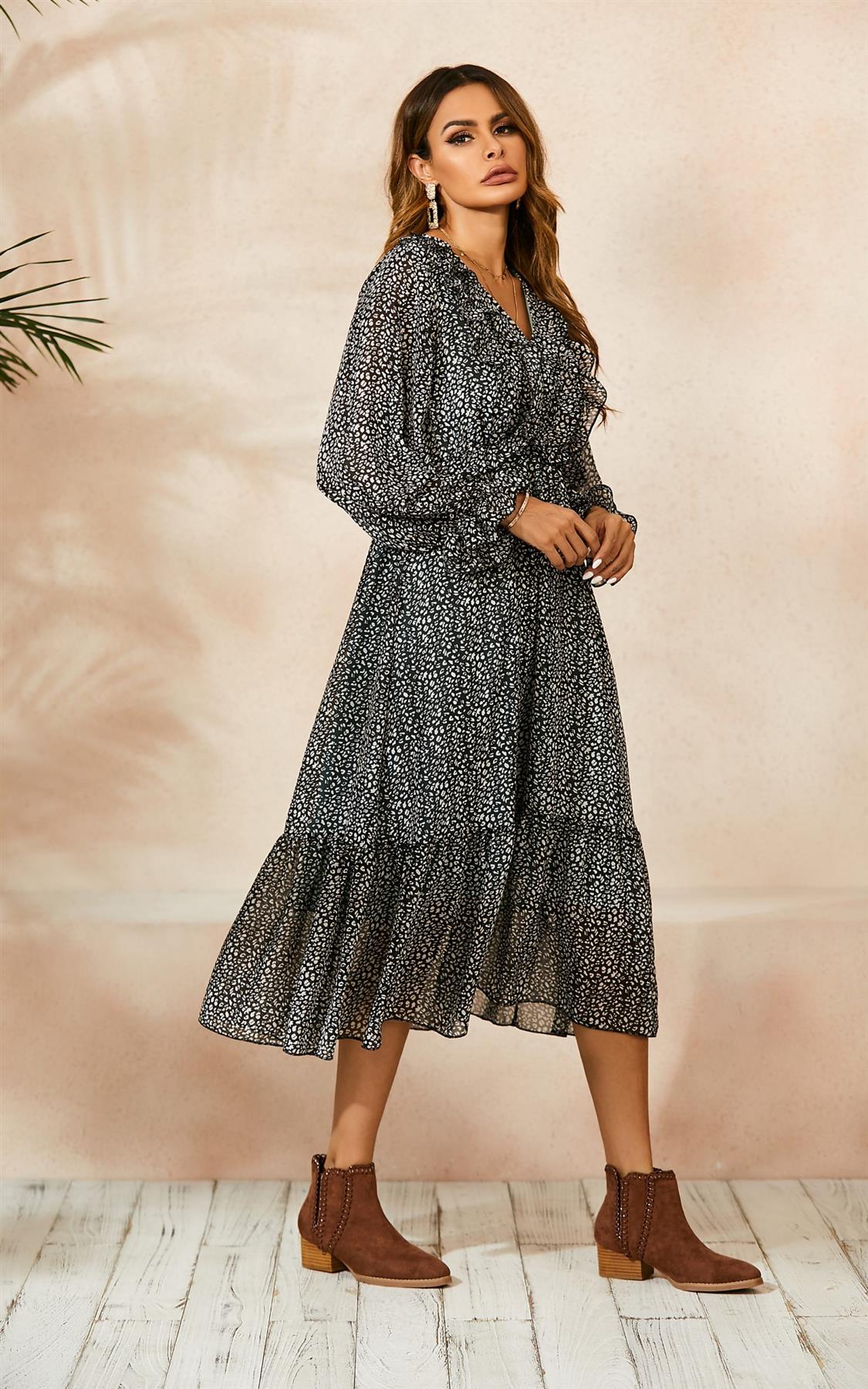 Ruffled Chiffon Mini Dress In Black & White Leopard Print