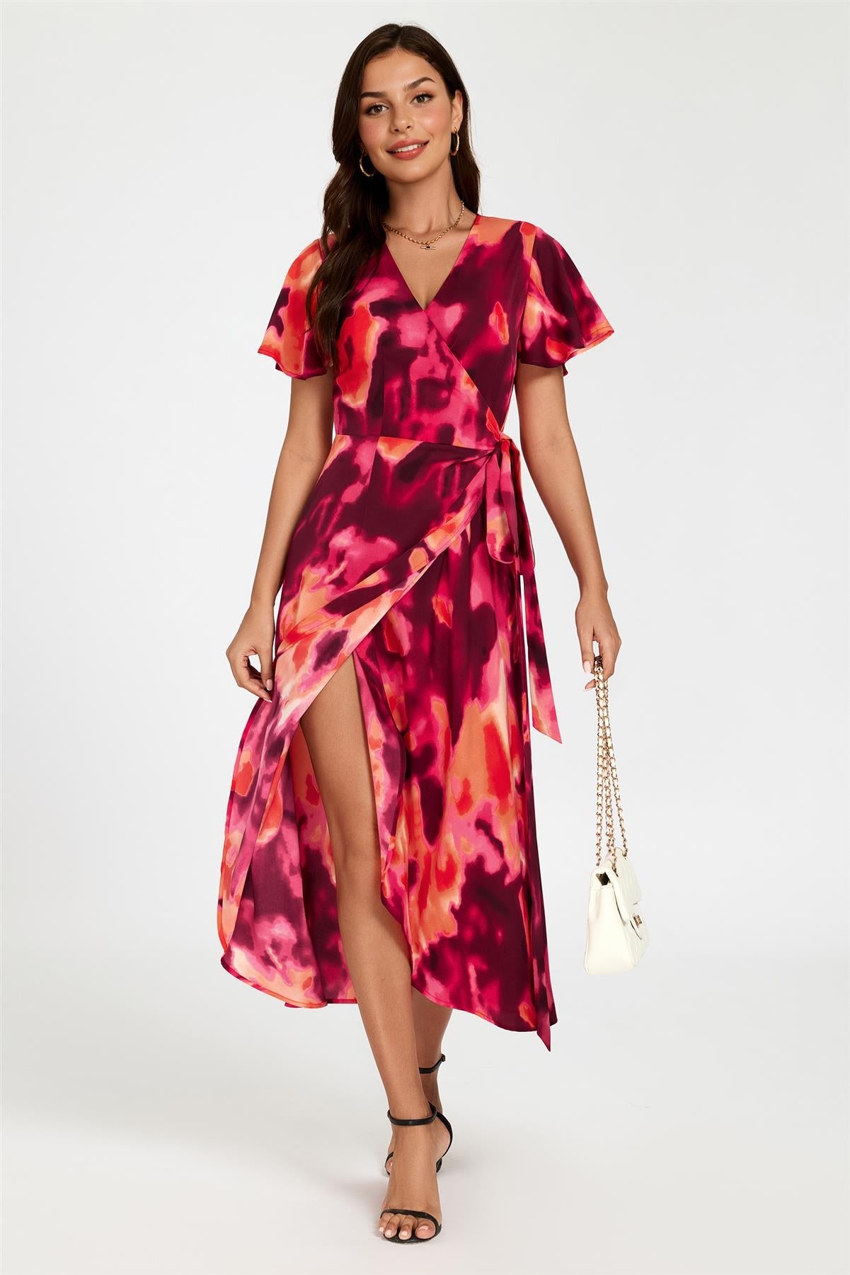 Abstract Print Wrap Maxi Dress In Burgundy