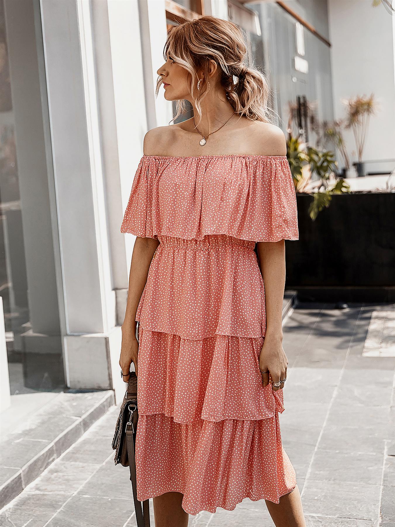 Off The Shoulder Bardot Frill Tiered Dress In Peach Polka Dot