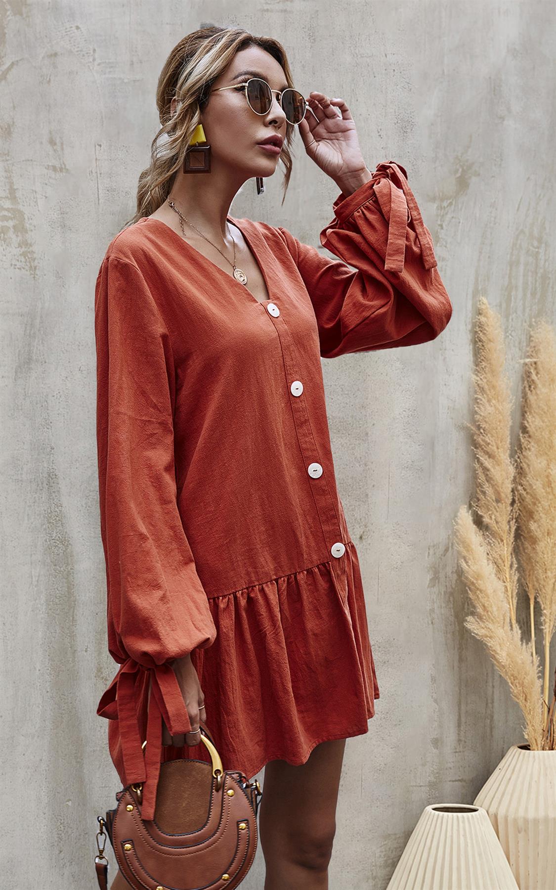 Button Front Mini Dress In Orange