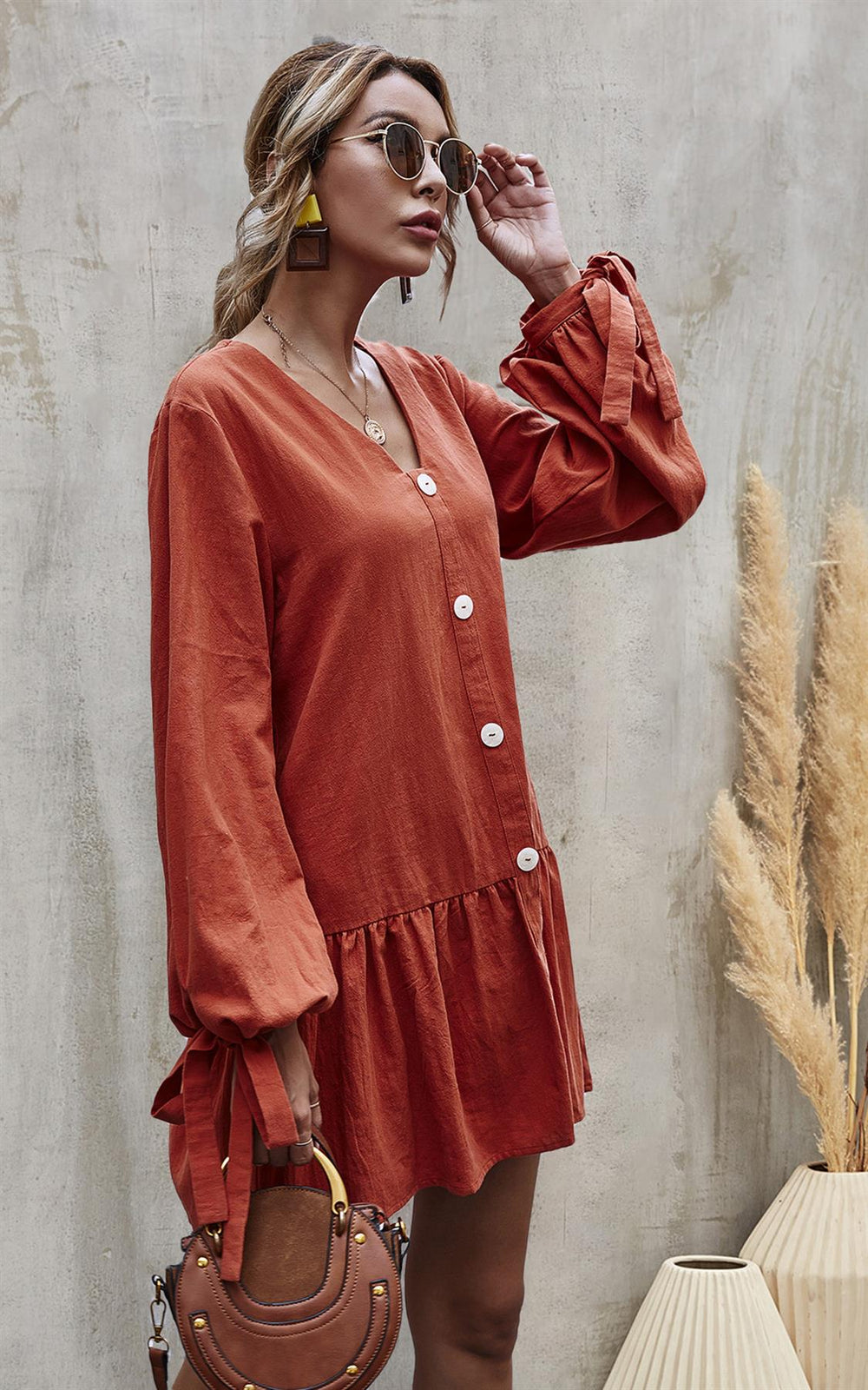 Button Front Mini Dress In Orange