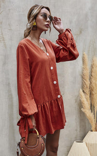 Button Front Mini Dress In Orange