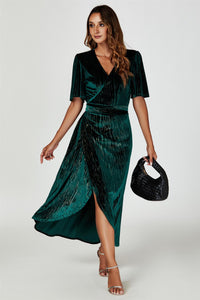 Gold Foil Velvet Wrap Maxi Dress In Green