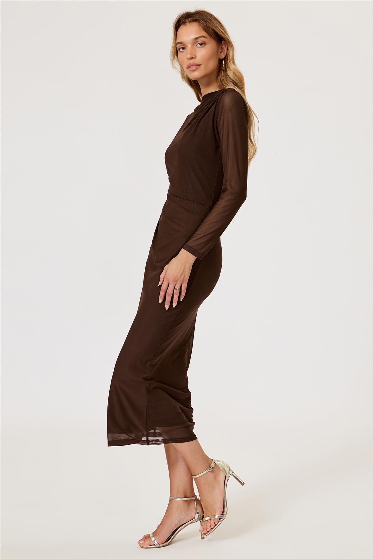 Long Sleeves Mesh Midi Dress In Brown