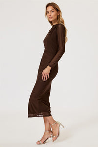 Long Sleeves Mesh Midi Dress In Brown
