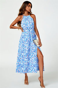 Tie Halterneck Floral Print Split Maxi Dress In Blue
