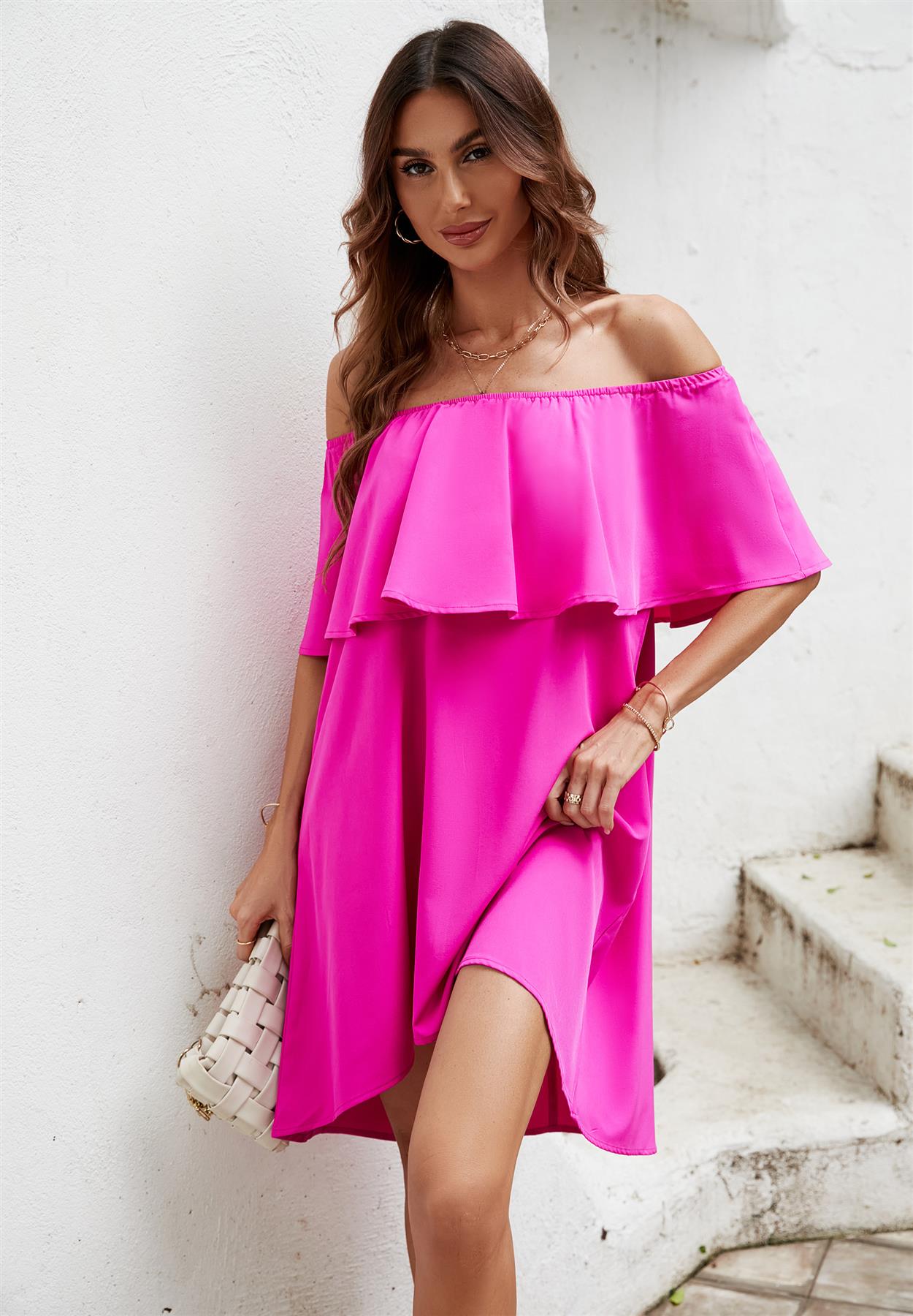 Bardot Frill Off Shoulder Mini Dress In Magenta