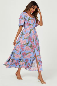 Floral Print Lace Detail Maxi Dress In Blue