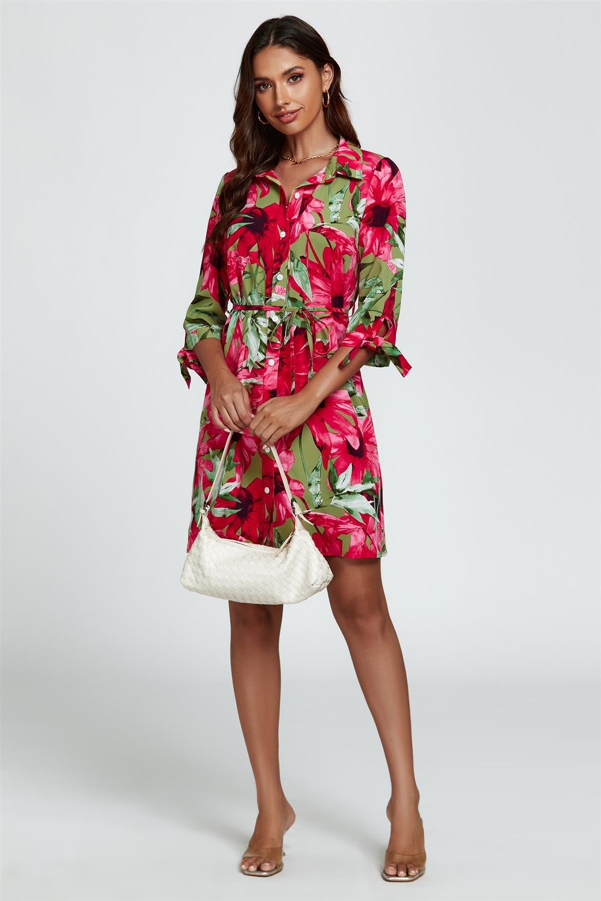 Floral Print Shirt Mini Dress In Red