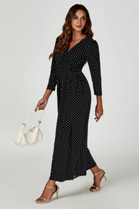 Dot Print Wrap Top Jersey Jumpsuit In Black