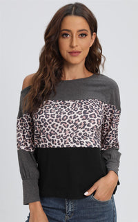 Leopard Print Cold Shoulder Grey Colour Block Relaxed Top In Black